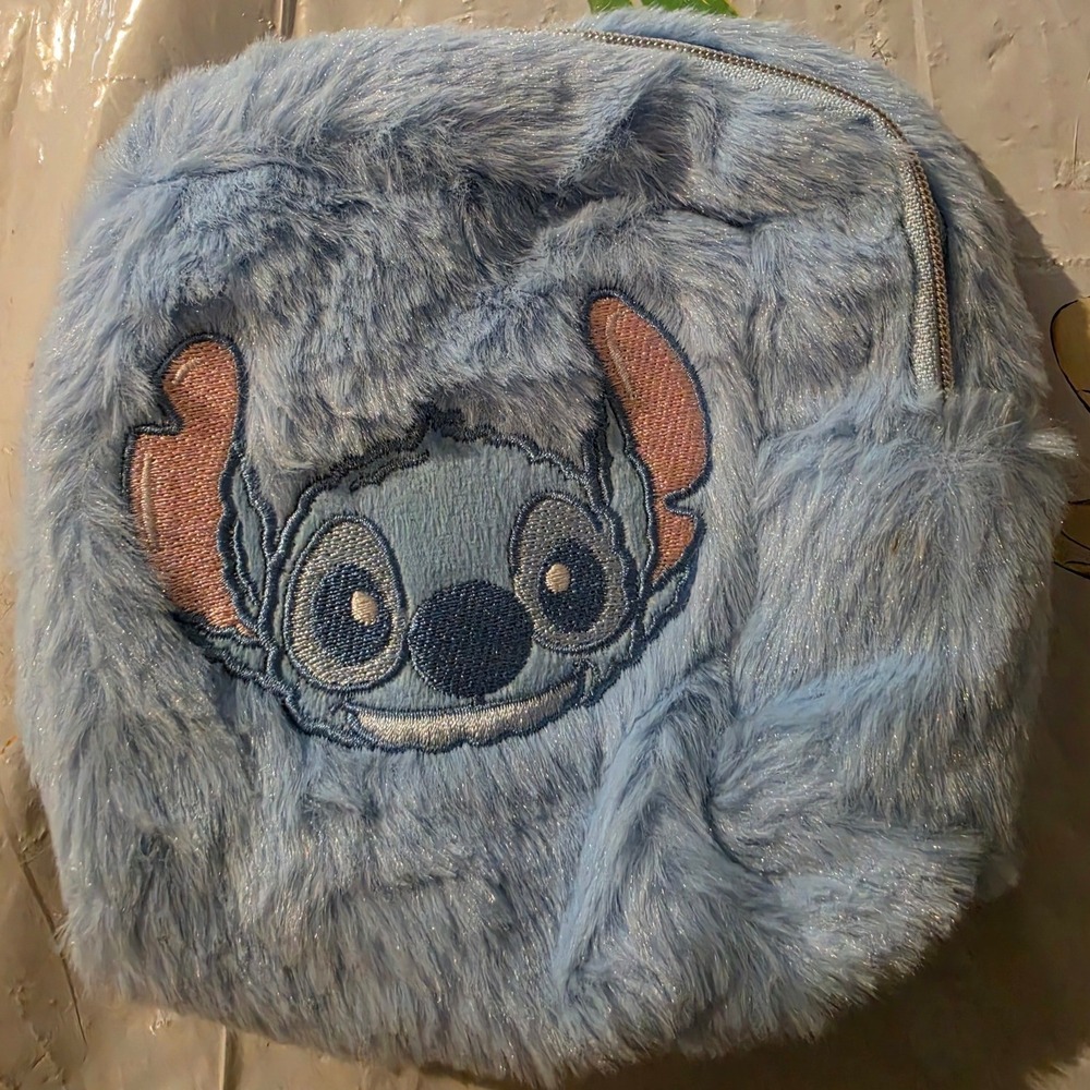 Disney Lilo & Stitch Blue Faux Fur Plush Cosmetic Bag Sparkle Zip Pouch